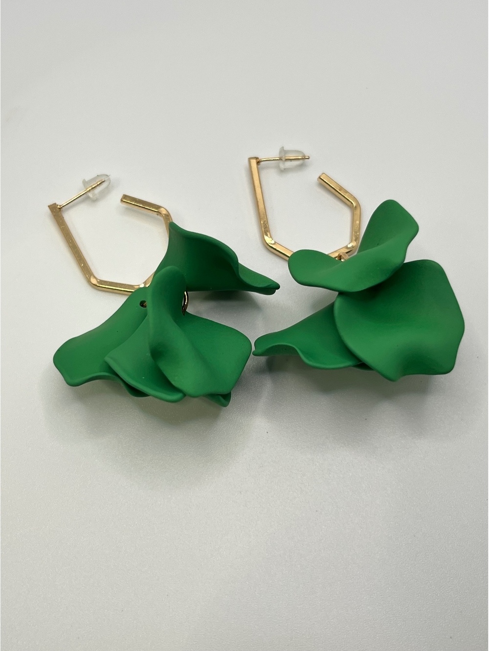 Trendy Green Floral Statement Earrings with Gold Hex Hoops